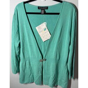 Dialogue Green Cardigan Sweater Large Rhinestone Bow Clasp Grandmacore Stretch